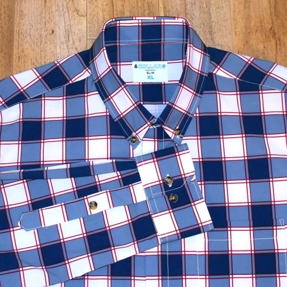 &Collar LS Dress Shirt Mens XL Blue White Red‎ Slim Fit Plaid Button Down